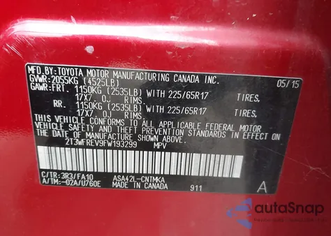 2015 Toyota Rav4 Xle z USA, uszkodzony, nr VIN 2T3WFREV9FW193299